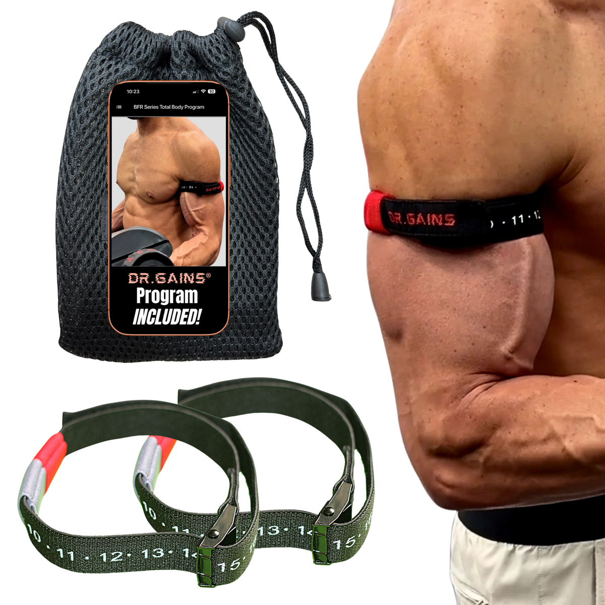 Dr. Gains BFR Nylon Cuffs with mesh carry bag and included program